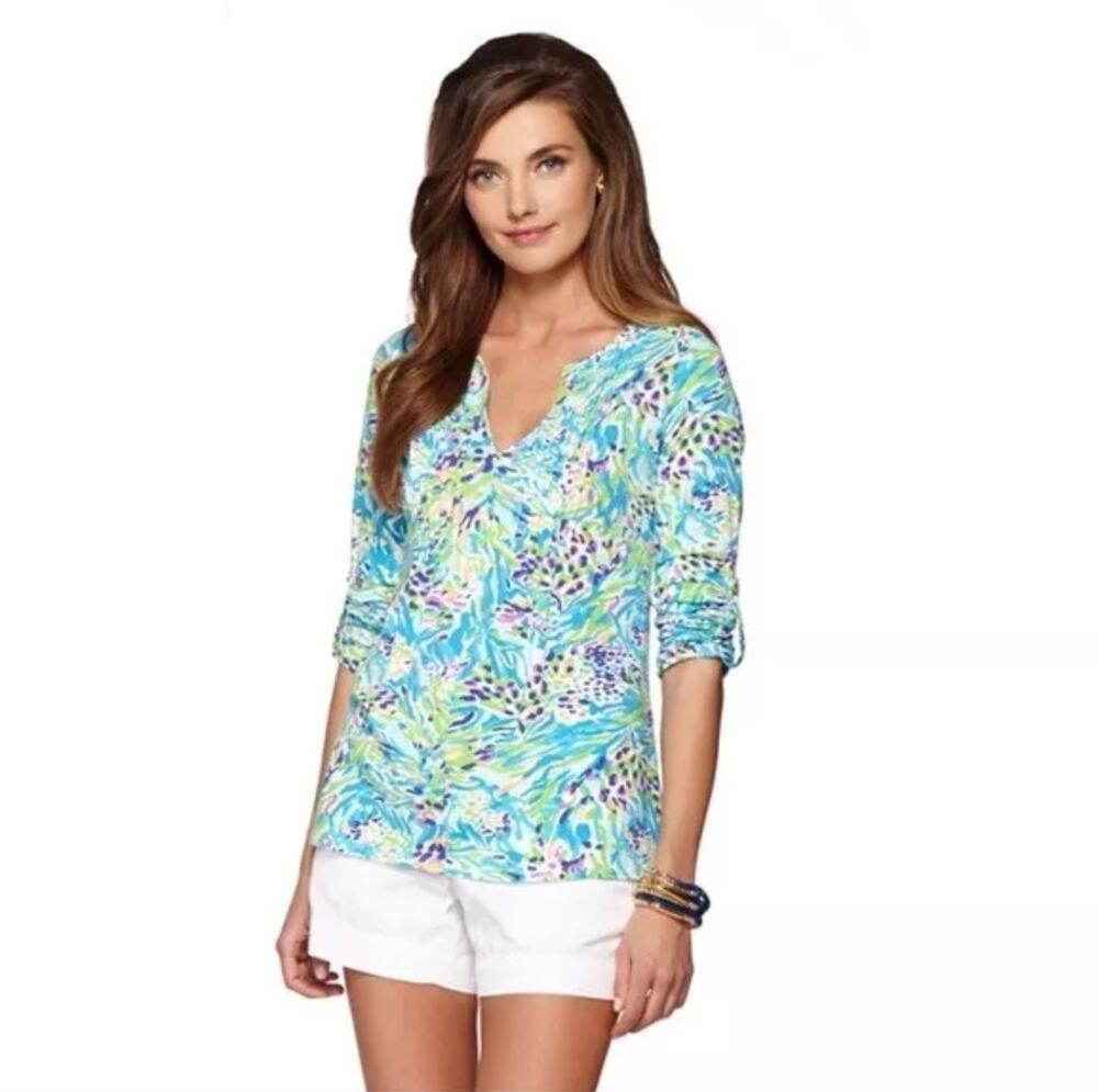 Large Lilly Pulitzer Braylen Tab Sleeve Tunic in Sea Soiree